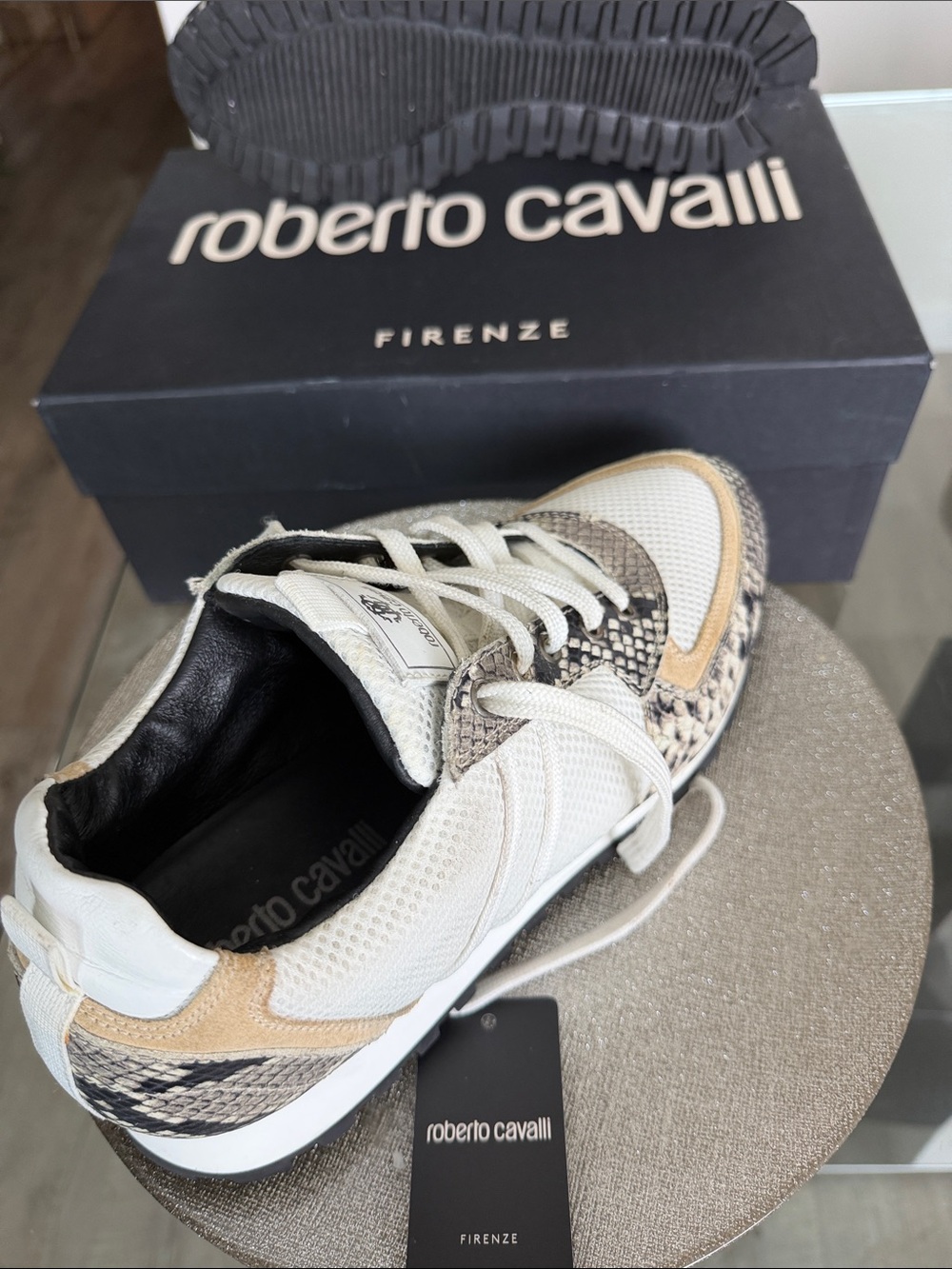 Roberto Cavalli White, Beige & Snakeskin Accent Trainer